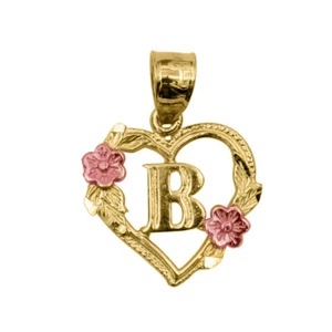Genuine 14k Two-tone Gold 0.66" Initial B Heart-shaped Flower Pendant For Women - Picture 1 of 5