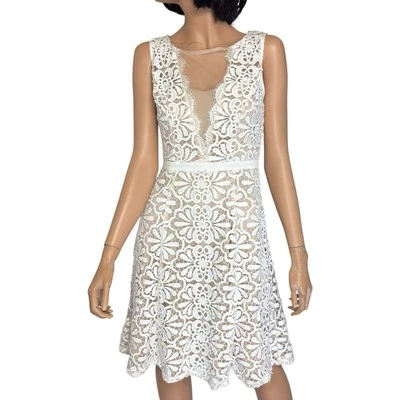 Vestido Adrianna Papell Crochet Encaje Superpuesto 2 Mallas Inserciones Fiesta Novia Coqueta Foto 1 de 4