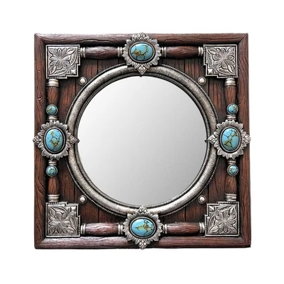Decorative Round Mirror on a Square Faux Wood Frame in Resin with Turquoise A... - Image 1 of 4