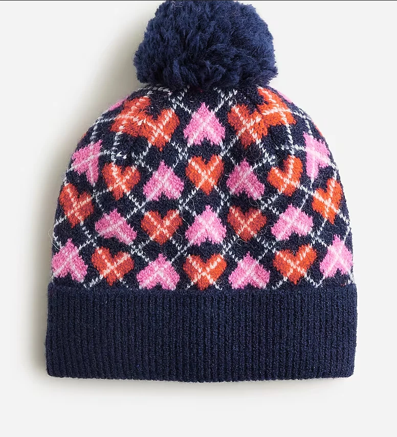 J Crew Niñas Azul Marino Corazón Argyle Pom Gorro Sombrero Supersuave Talla L-XL NUEVO CON ETIQUETAS Foto 1 de 4