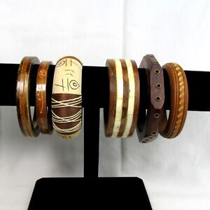 Lot of (6) Wooden Wood Toned Wide Mixed Chunky Cuff Bangle Bracelets Jewelry