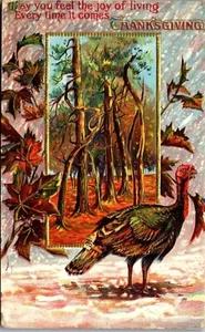 Vintage Thanksgiving Postcard Joy of Living ~ Pretty Fall Scene Turkey Gilt 1910 - Picture 1 of 3
