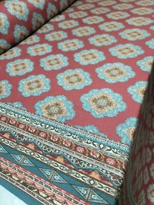 Rayon Challis Fabric By The Yard Burgundy and Teal Vintage Ikat Pattern  - Picture 1 of 12