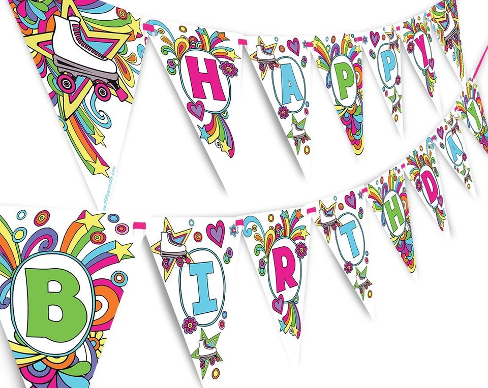 Banderín de feliz cumpleaños arco iris patinaje sobre ruedas Foto 1 de 1