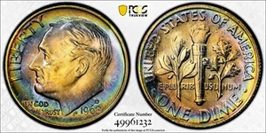 MS66+ 1968 D 10C Roosevelt Dime, PCGS Trueview- Premium Rare Rainbow Colors - Picture 1 of 4