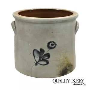 Antique Stoneware Salt Glazed 9" Round Pottery Crock Pot with Blue Flower - Picture 1 of 11
