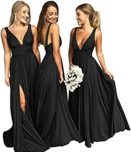 Women's V Neck Slit Bridesmaid Dresses Beach Wedding Evening Prom, Black, Size 8 - Picture 1 of 20