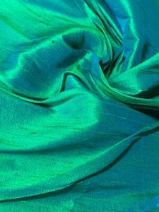 Iridescent Emerald Peacock - Silk Dupioni Fabric - Picture 1 of 5