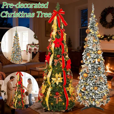 6ft Pre Lit Pop Up Christmas Tree LED Lights Pre-Decorated Slim Pencil Xmas Tree - Image 1 of 4