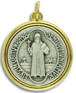 Lge. 1.50" Gold Plated/Silver Oxidized St Benedict Medal & Holy Card of Benedict - Picture 1 of 4