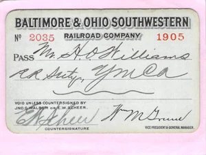 YMCA 1905 BALTIMORE OHIO SOUTHWESTERN RAILROAD RAILWAY PASS - Picture 1 of 2