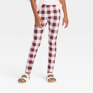 Cat & Jack Girls Size XS (4/5) Slim Leggings Plaid Burgundy Cream Elastic Waist - Picture 1 of 6