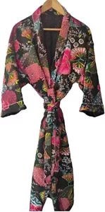 Cotton T-Shaped Printed Kimono Robe Light Weight Sleepwear for Women,Black - Picture 1 of 7