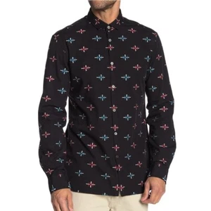 John Varvatos Clearance Men's Clayton Geo Embroidered Button Front Shirt Black - Picture 1 of 4