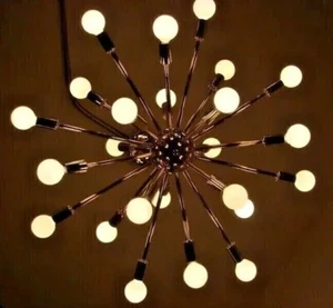 Mid Century Sputnik Chandelier Raw Brass Light Pink Shades 24 Bulb Ceiling Lamp - Picture 1 of 9
