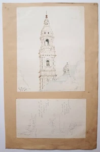 Richard Suter (1797–1883) Watercolour Antwerp church tower + Ghent verso 1855 - Picture 1 of 6
