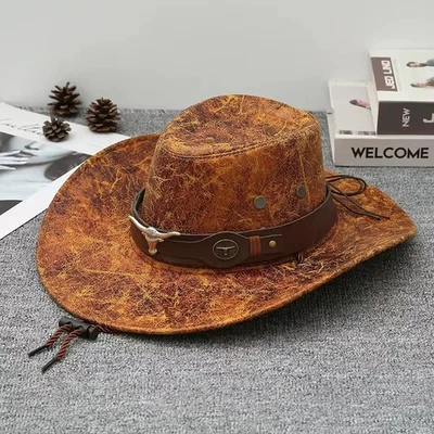 Vintage Western Cowboy Hat Ox Head Belt Rivet Fedora Hats for Men Women Outdoor - Image 1 of 4