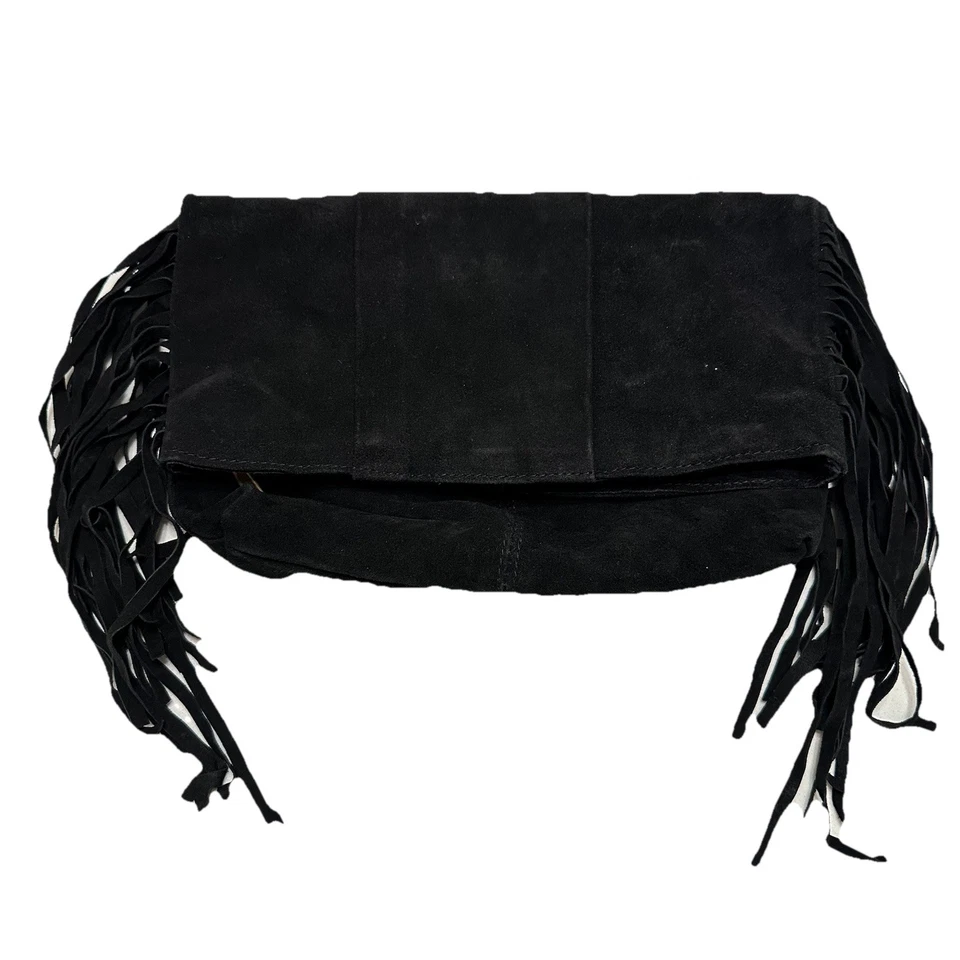 Bolso sin asas plegable con flecos de cuero gamuza negro cartera boho-chic vaquera occidental Foto 1 de 4