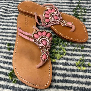 Mystique Perlen Slipper Sandalen Statement Handarbeit Sommer Boho Chic Rosa Gr. 9 - Bild 1 von 7