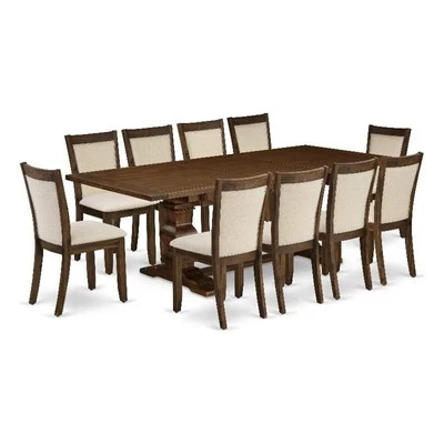 East West Furniture Dining Table and 10 Light Beige Chair in Antique Walnut - Image 1 of 4