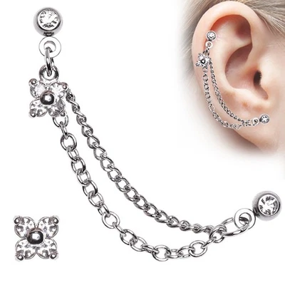 Brinco de cartilagem de corrente dupla flor de aço cirúrgico 316L CZ - Imagem 1 de 3