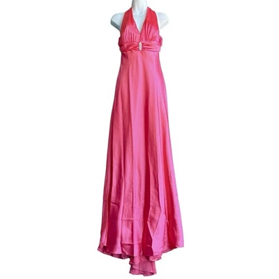 Maxi Vestido Vintage BETSY ADAM Rosa Caliente Satén Cuello en V Halter Espalda Hada Talla 6 Foto 1 de 4