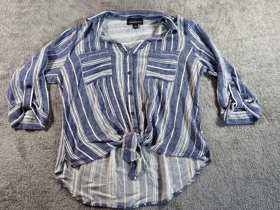 Fortune+Ivy Mujer M Gris y Blanco Rayas con Mangas Enrollables Náutica Costera Foto 1 de 4