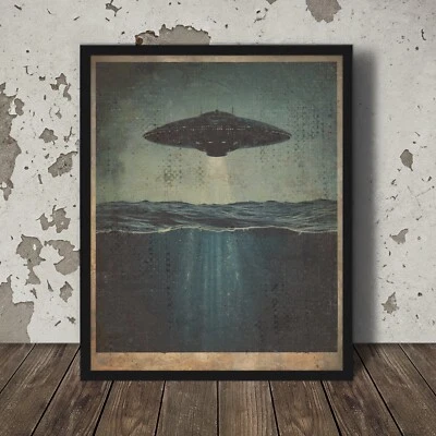 Vintage UFO NAUTICAL Wall Art, Sci-fi Alien Ocean Decor, Cryptid Beach Poster - Image 1 of 4