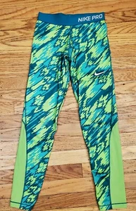 Nike Pro Cool Dri-Fit Training Tights Green Print Girl's L EUC Mesh Panels - Picture 1 of 4