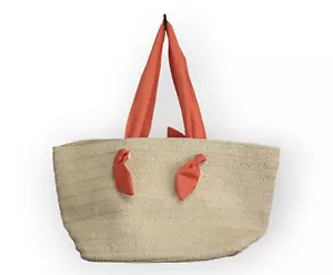 Neiman Marcus Woven Straw Tote With Fabric Handle Straps - Picture 1 of 3