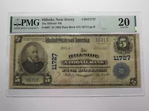 $5 1902 Hillside New Jersey NJ National Currency Bank Note Bill #11727 VF20 PMG - Picture 1 of 3