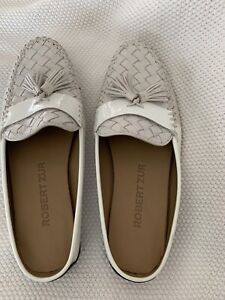 Robert Zur White Leather With Patent Trim Slide Loafers Size 7 1/2