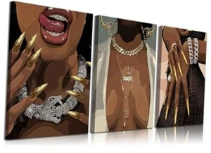 3 Pcs Afro Black Woman Canvas Wall Art African 16L" x 24W" woman Canvas - Picture 1 of 7