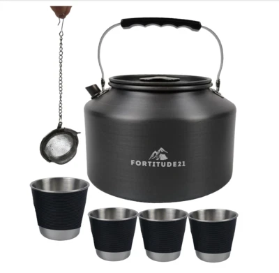 Fortitude 21 Camping Kettle For Water Tea Coffee Plus 4 Cups & Tea Ball NIB` - Image 1 of 4