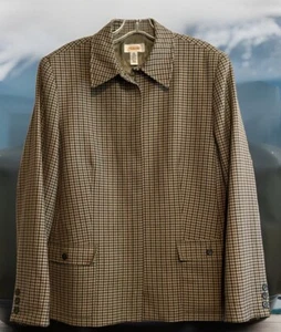 VTG MINT TALBOTS 16 WOOL BEIGE TAN FULL ZIP MICRI PLAID WOMENS BLAZER JACKET - Picture 1 of 7