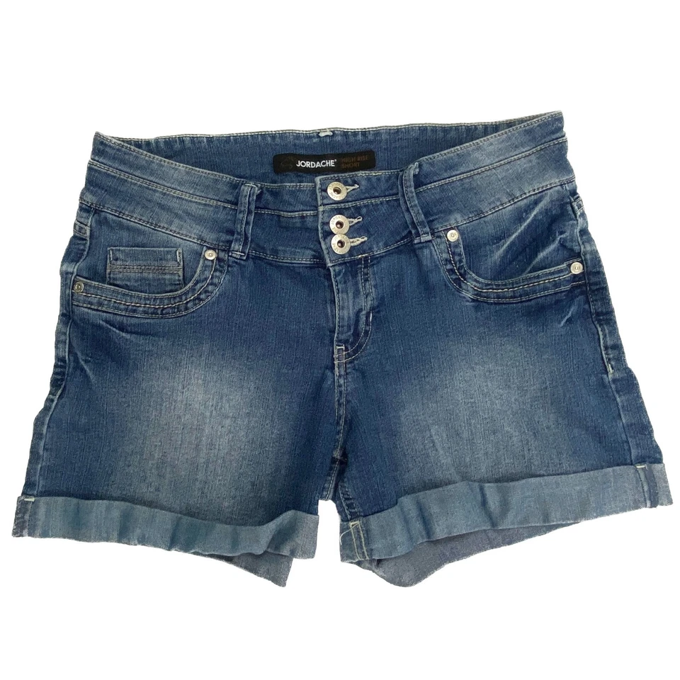 Pantalones cortos de mezclilla para mujer Jordache de tiro alto con puños talla 8 azul lavado medio Foto 1 de 4