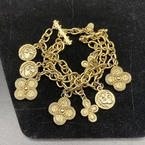 Bracciale Ciondolo Corona PD Vintage Tono Oro Monete Floreali Firmato, Lungo 7 - Foto 1 di 7
