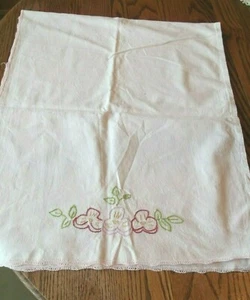 Vintage White with Pink Crocheted Edge Embroidered Flowers Table Scarfs  EUC - Picture 1 of 5