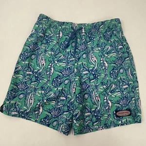 Vineyard Vines Boy's L Seahorse Shell Chappy Swim Trunks Green Blue - Picture 1 of 5