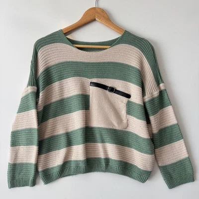 Striped Knit Sweater Women's Green Beige Pocket Detail Pullover Casual - Image 1 of 4