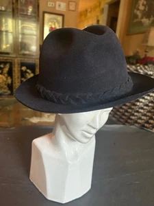 Sombrero de fieltro de lana Schiaparelli Fedora negro ala trenzada vintage años 50 Italia RARO - Imagen 1 de 15