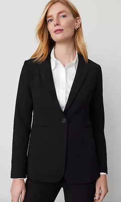 CHAQUETA BLAZER NUEVA ANN TAYLOR NEGRA PETITE LARGA UN BOTÓN BI-ELÁSTICA TALLA 6P Foto 1 de 4