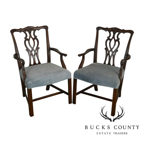 Chippendale Style Custom Quality Pair Mahogany Arm Chairs Cover