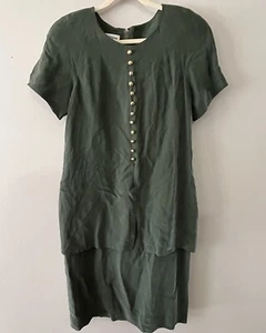 VINTAGE 90s David Warren Two Piece Style Dress Golden Mate Buttons Green Sz 8 - Picture 1 of 6