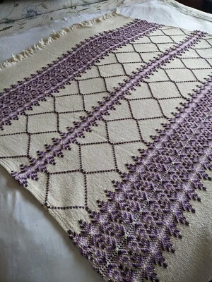Purple Embroidered Afghan Swedish Huck Embroidery on Monk Cloth - Image 1 of 4