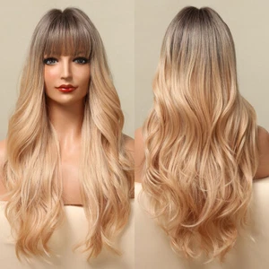 Long Wave Wigs Synthetic Ombre Blonde Hair Heat Resistant natural look brown top - Picture 1 of 6