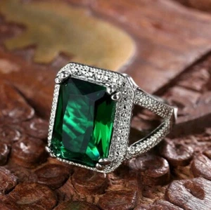 Excellent Rectangle Fire Green Quartz Gems Silver Rings Size 6~10 Holiday Gifts - Picture 1 of 5