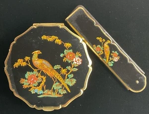 Vintage Stratton Compact-Multi Color Pheasant & Flowers w/Matching Folding Comb - Picture 1 of 17