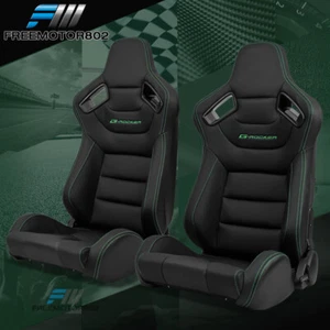 Universal Pair Reclinable Racing Seat + Dual Slider PU Leather Green Stitch - Picture 1 of 14