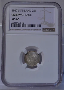 1917 S FINLAND 25P PENNIÄ CIVIL WAR ISSUE NGC MS66 UNCIRCULATED SILVER COIN - Picture 1 of 4